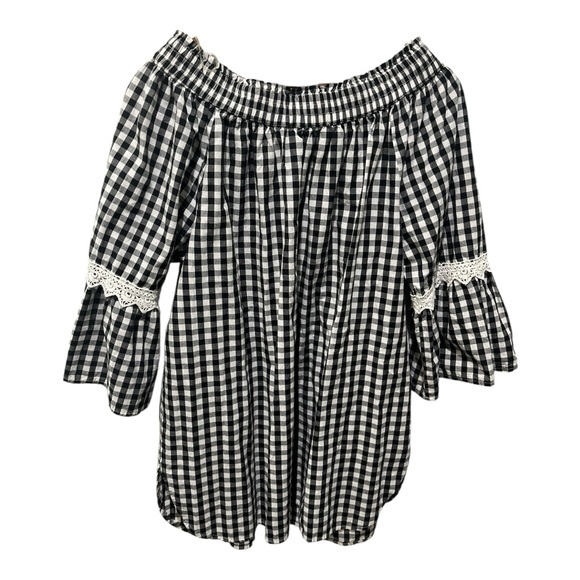 STUDIO WEST APPAREL BLACK AND WHITE GINGHAM SMOCKED FLARE LACE DETAIL SLEEVES - Picture 10 of 16